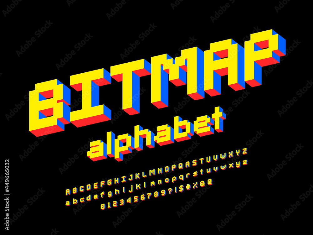 Poster pixel style font with uppercase, lowercase, numbers and symbol