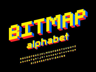 pixel style font with uppercase, lowercase, numbers and symbol