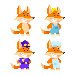 Obraz premium Chanterelles in costumes of different professions. Set of cartoon characters for print and website. Vector illustration