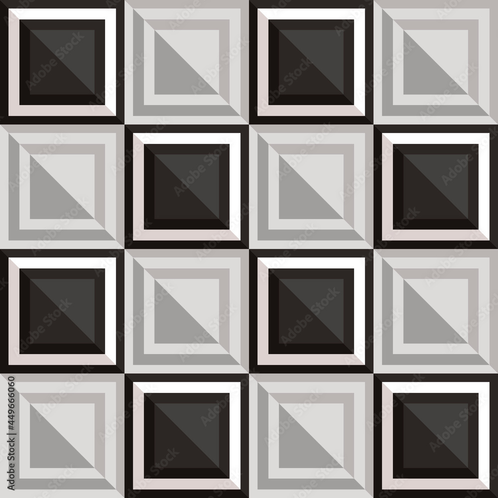 Poster Black and white checker tile with convex. Vector chess cells or squares. Seamless, minimal and repeated wallpaper.