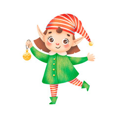 Illustration of a cute cartoon Christmas elf girl isolated on white background. Santa Claus helper