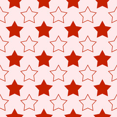 Red and empty white stars pattern. Repeated lines with red and white star in one. Vector, seamless and minimal decor icon star wallpaper.