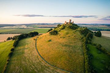 Der Desenberg bei Sonnenaufgang, Luftaufnahme, Warbung, Höxter, Deutschland
