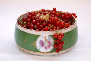 Red currant and white currant fruits with branches in a vase against a white background by summer day