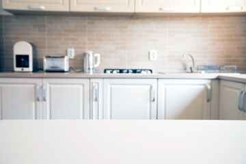 Cozy bright kitchen interior with wooden furniture