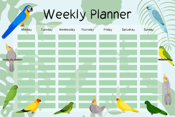 Weekly planner template with parrots in cute cartoon style. Schedule design for kids. Greens background. Monday to sunday week.