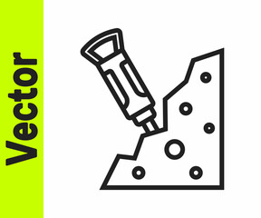 Black line Construction jackhammer and stone icon isolated on white background. Vector