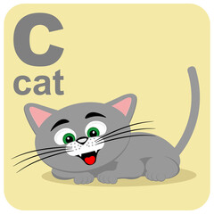 The cube of the alphabet with the letter C is a cat. Vector illustration on the theme of games and education.