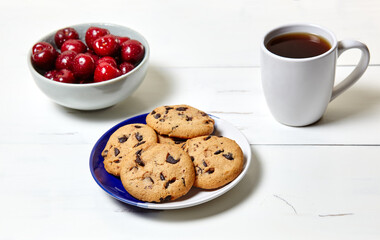 White cup with coffee, traditional cookies and sweet cherries in a ceramic bowl on a white wooden background, closeup. Tasty breakfast, morning routine concept