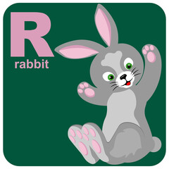 The alphabet cube with the letter R is a rabbit. Vector illustration on the theme of games and education.