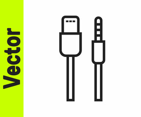 Black line USB cable cord icon isolated on white background. Connectors and sockets for PC and mobile devices. Vector