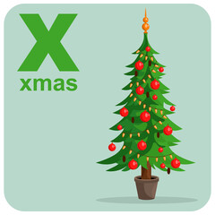 Cube alphabet with the letter X xmas christmas. Vector illustration on the theme of games and education.