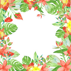 Fototapeta na wymiar Exotic flowers isolated frame on a white background. Tropical romantic template. Bird of paradise, mallow, orchid, monstera frame. Watercolor exotic wreath illustration. Paradise flowers frame.