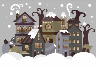 A New Year's card. Cozy houses for Christmas. Snow is falling. Vector, festive, snow illustration. Wrapping paper for the holiday. A postcard for your loved ones. A cozy picture. Imagination.