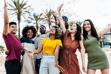Young multiracial hipster people having fun in summer party celebration - Group of young friends...