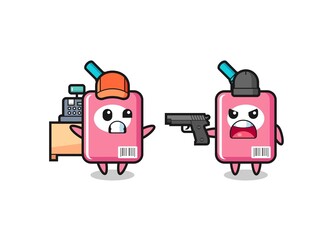 illustration of the cute milk box as a cashier is pointed a gun by a robber