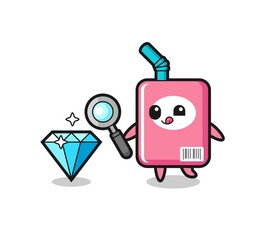 milk box mascot is checking the authenticity of a diamond