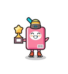milk box cartoon as an ice skating player hold winner trophy