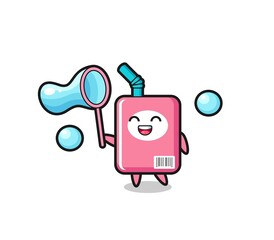 happy milk box cartoon playing soap bubble