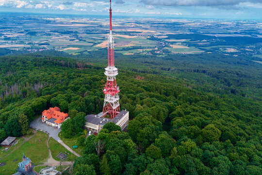 Aerial view of beautiful landscape in Mountains with forest. Sleza mountain near Wroclaw in Poland. Nature background