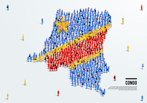 Congo Map and Flag. A large group of people in the Republic of the Congo flag color form to create the map. Vector Illustration.