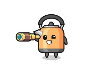 cute kettle character is holding an old telescope