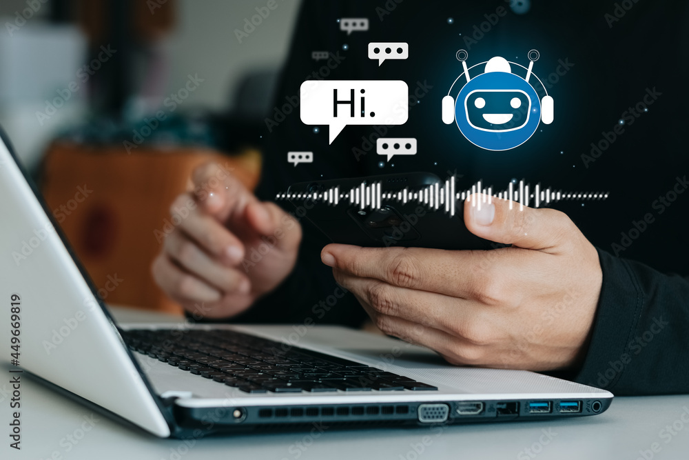 Poster businessmen use chat balls on mobile phones to get access to information and network data, robot app
