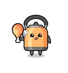 kettle cute mascot is eating a fried chicken