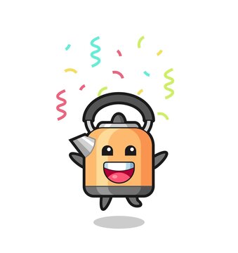 happy kettle mascot jumping for congratulation with colour confetti