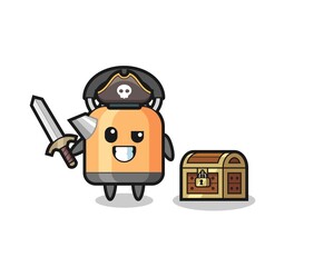 the kettle pirate character holding sword beside a treasure box