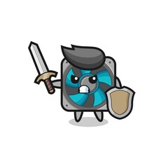 cute computer fan soldier fighting with sword and shield