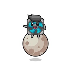 illustration of computer fan cartoon sitting on the moon
