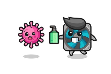 illustration of computer fan character chasing evil virus with hand sanitizer
