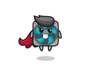 the cute computer fan character as a flying superhero