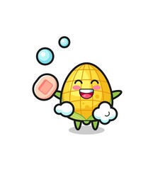 corn character is bathing while holding soap