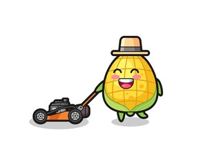 illustration of the corn character using lawn mower