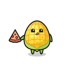 cute corn cartoon eating pizza