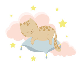 Cute cat sleeping on the pillow. Baby animal concept illustration for nursery, character for children.