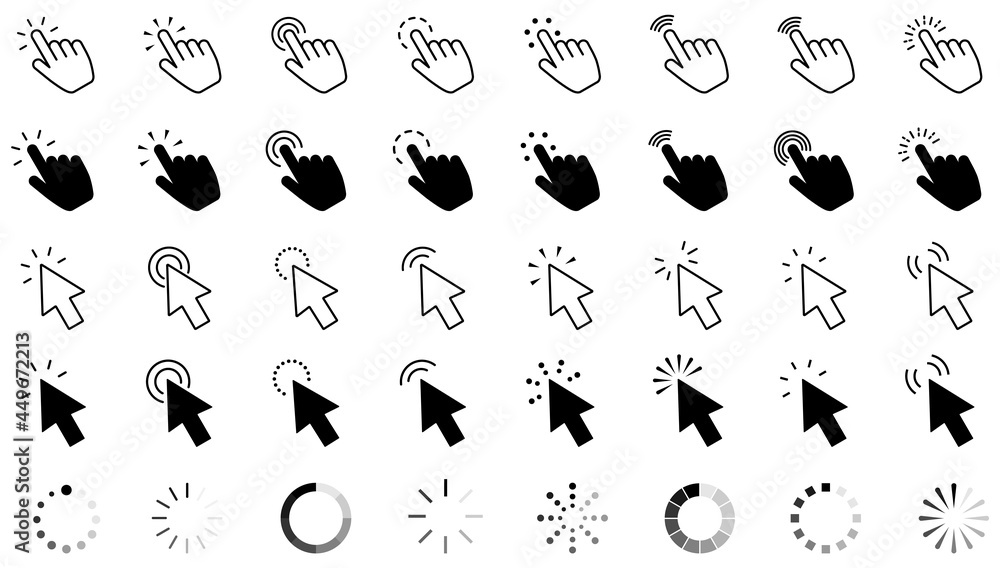 Poster pointer click icon. clicking cursor, pointing hand clicks and waiting loading icons. website arrows 