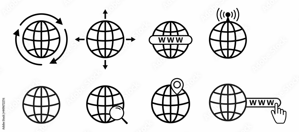 Poster a set of www icons with a globe, vector website icons. the internet icon. the icon in the www search