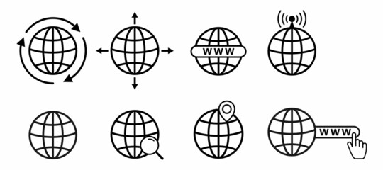 A Set of www icons with a globe, vector website icons. The internet icon. The icon in the Www search bar. Www icons with a manual cursor. Go to the web icon symbol.