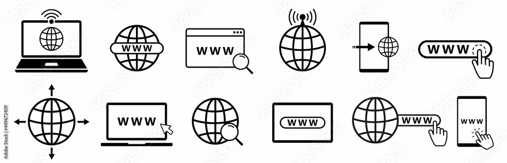 Poster www flat line icon set with computer, phone, laptop and tablet. internet browser search bar with glo