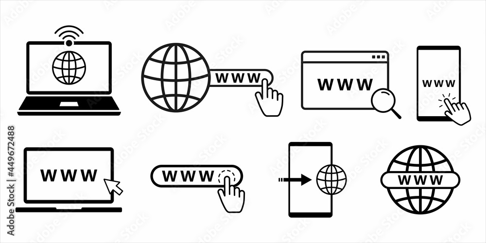 Poster www flat line icon set with computer, phone, laptop and tablet. internet browser search bar with glo