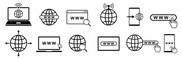WWW flat line icon set with computer, phone, laptop and tablet. Internet browser search bar with globe and mouse arrow click. Web hosting technology. Vector illustration.