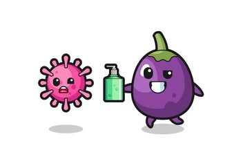 illustration of eggplant character chasing evil virus with hand sanitizer