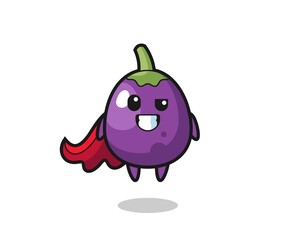 the cute eggplant character as a flying superhero