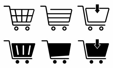 Shopping cart icons set, Supermarket trolley symbol for E-Commerce, Simple flat outline and silhouette design isolated on white background, Vector illustration