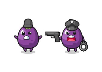 illustration of eggplant robber with hands up pose caught by police