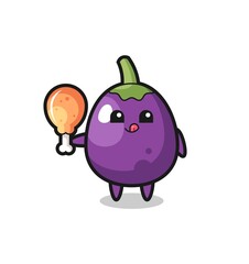 eggplant cute mascot is eating a fried chicken