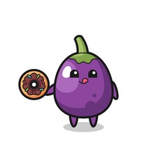 illustration of an eggplant character eating a doughnut